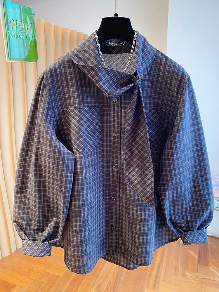 Women Korean Vintage Tie Plaid Shirt 2026 Early Autumn New Stand Collar Long Sleeve Oversized Lazy Vibe Loose Casual Blouse Top