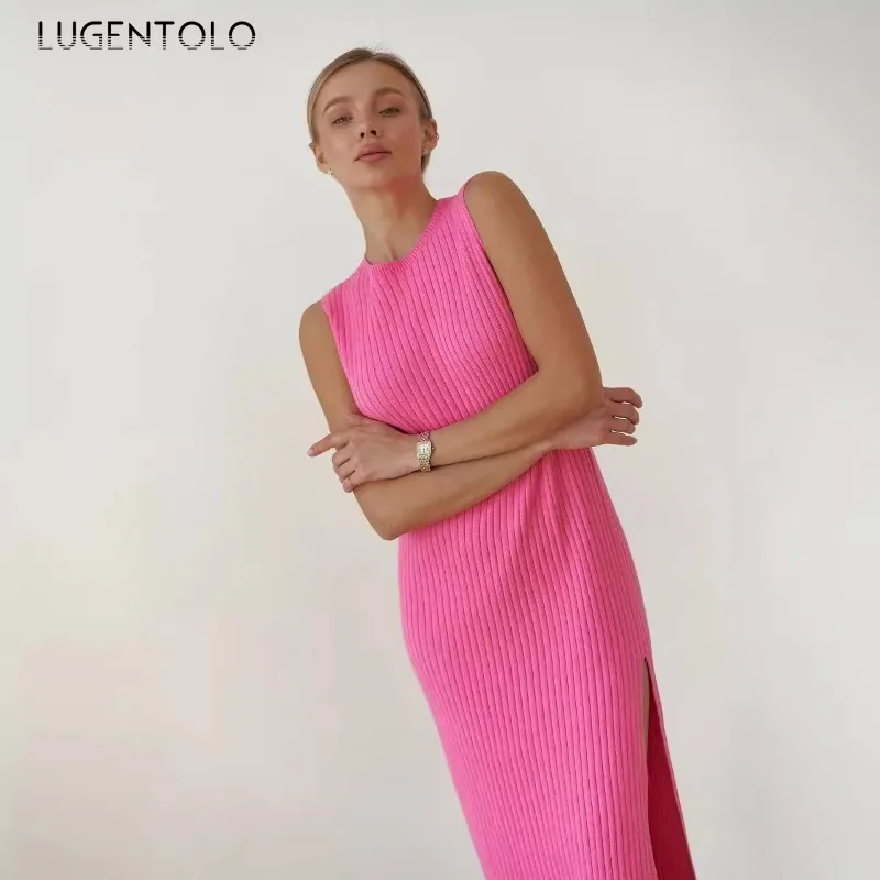 Dzianinowa sukienka damska Jesień Nowe koszule midi bez rękawów Pakiet biodra Pit Strips Slim Fits Fashion Slit Hem Elegancka odzież imprezowa