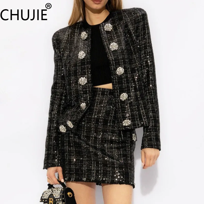 

CHUJIE 2025Spring & Fall Trend Bling Crystal Suit Set, Structured Blazer & Mini Skirt, Office & Party 2-Piece Set Outfit