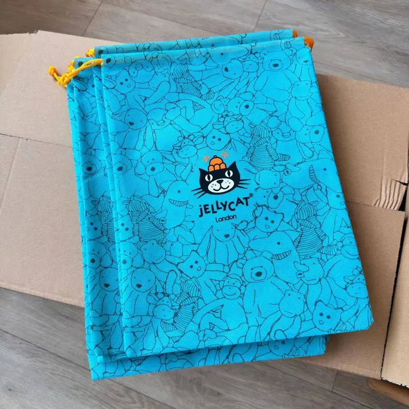 Jellycat heet verkoop op voorraad blauwe stofzak, kat knuffel cadeauzakje, cadeau niet-geweven stof opslag verpakking tas handtas cadeau