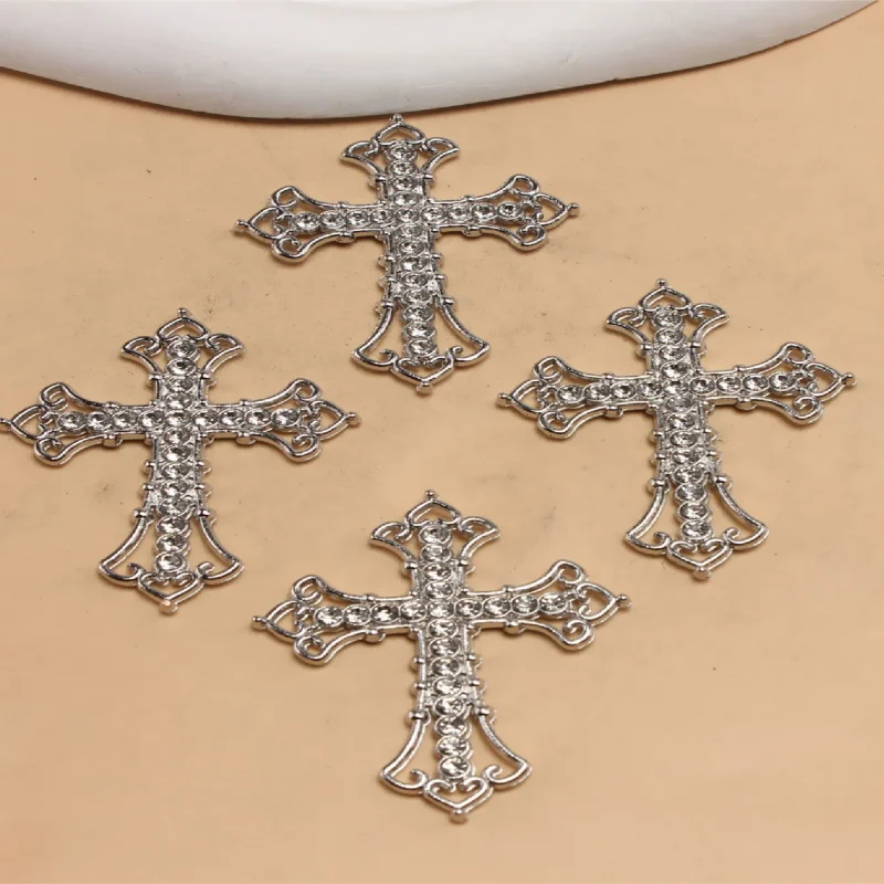 4pcs Silver Plated Hollow Handmade Rhinestone Catholic Crosses Pendant DIY Charms Necklace Earrings Jewelry Crafts Making P1077
