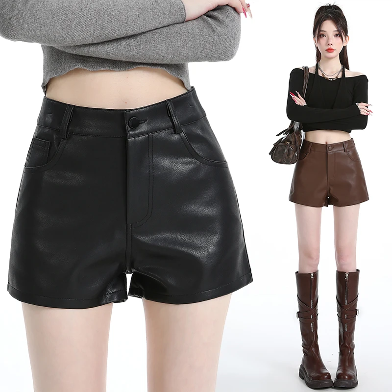 Korean Style Fashion Minimalist PU Leather Shorts High Waist Slim A-Line Wide Leg Shorts Boot Pants for Trendy Girls