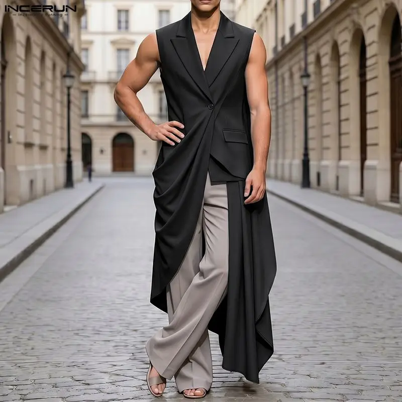 INCERUN Men Vests Solid Color Lapel Sleeveless One Button Irregular Waistcoats For Man Streetwear 2026 Fashion Long Style Vests