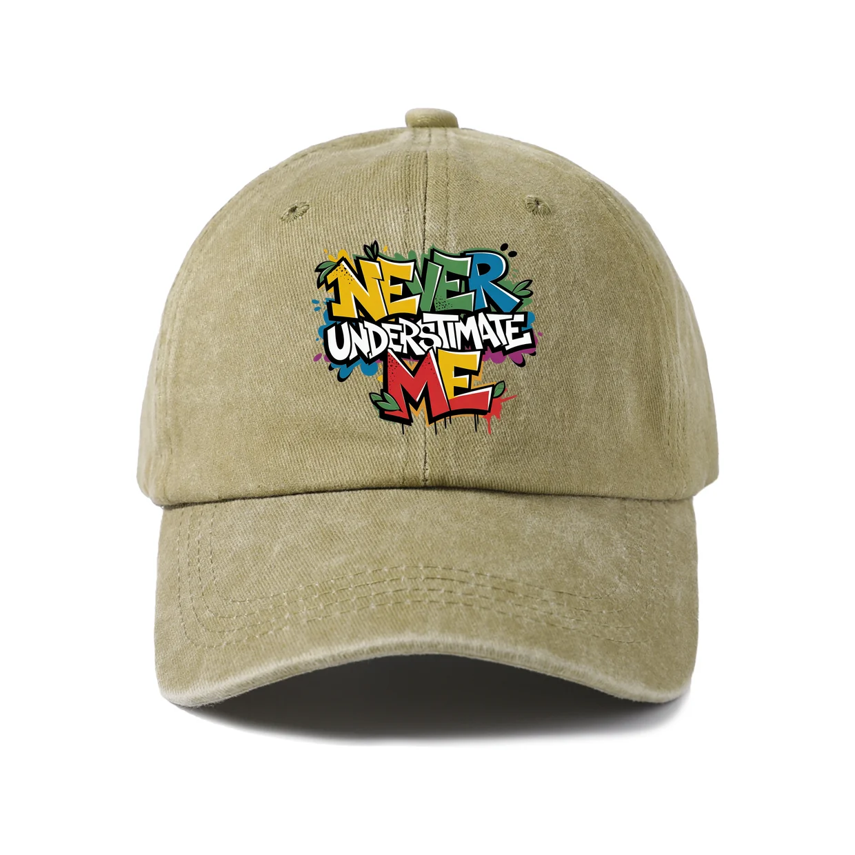 Never Underestimate Me Quote Vintage Washed Baseball Cap, Adjustable Unisex Dad Hat, Everyday Gift