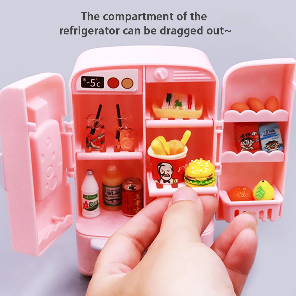 Cute Simulation Microfilm Furniture Double Door Refrigerator 1:12 Dollhouse Kitchen Model Decorations For Girl Birthday Gifts