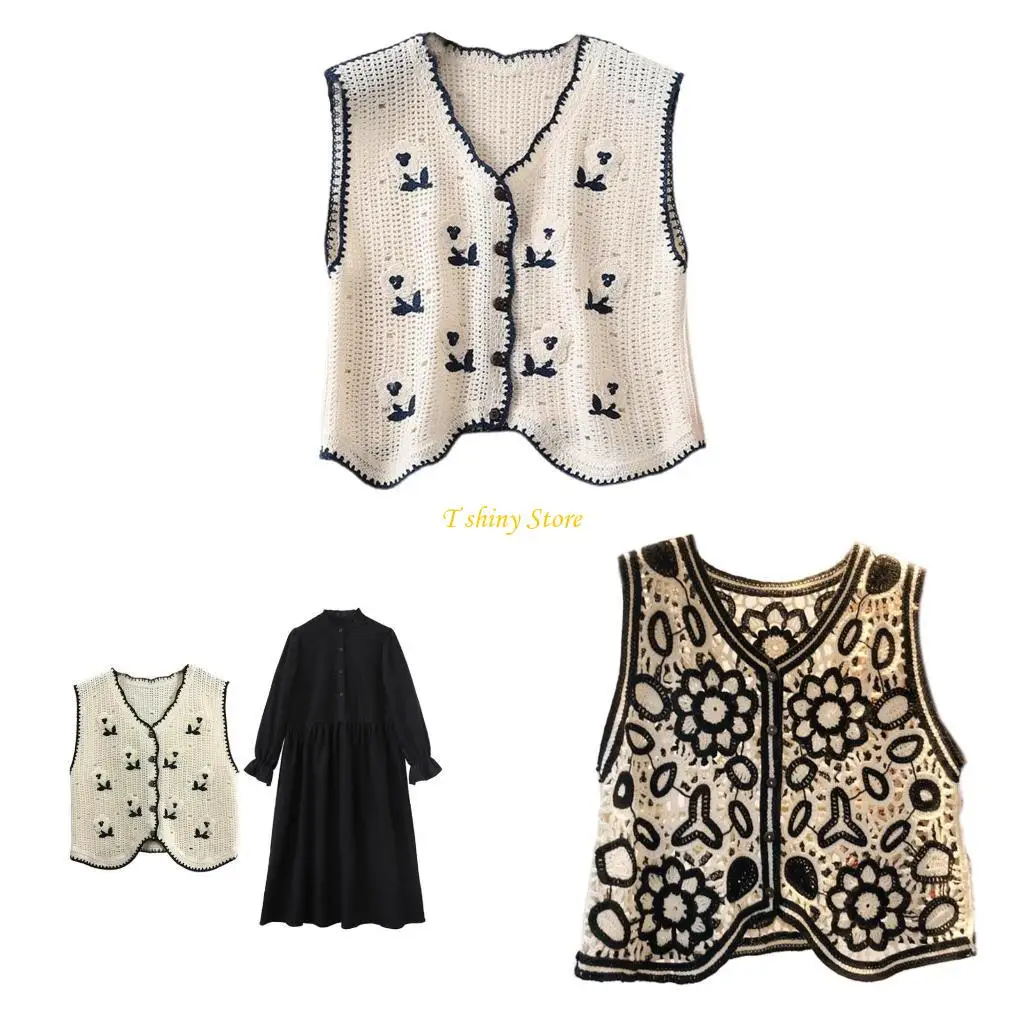 

N58F Women Button Crop Top Sweater Vest Crochet Knitted Florals Sleeveless Cardigan