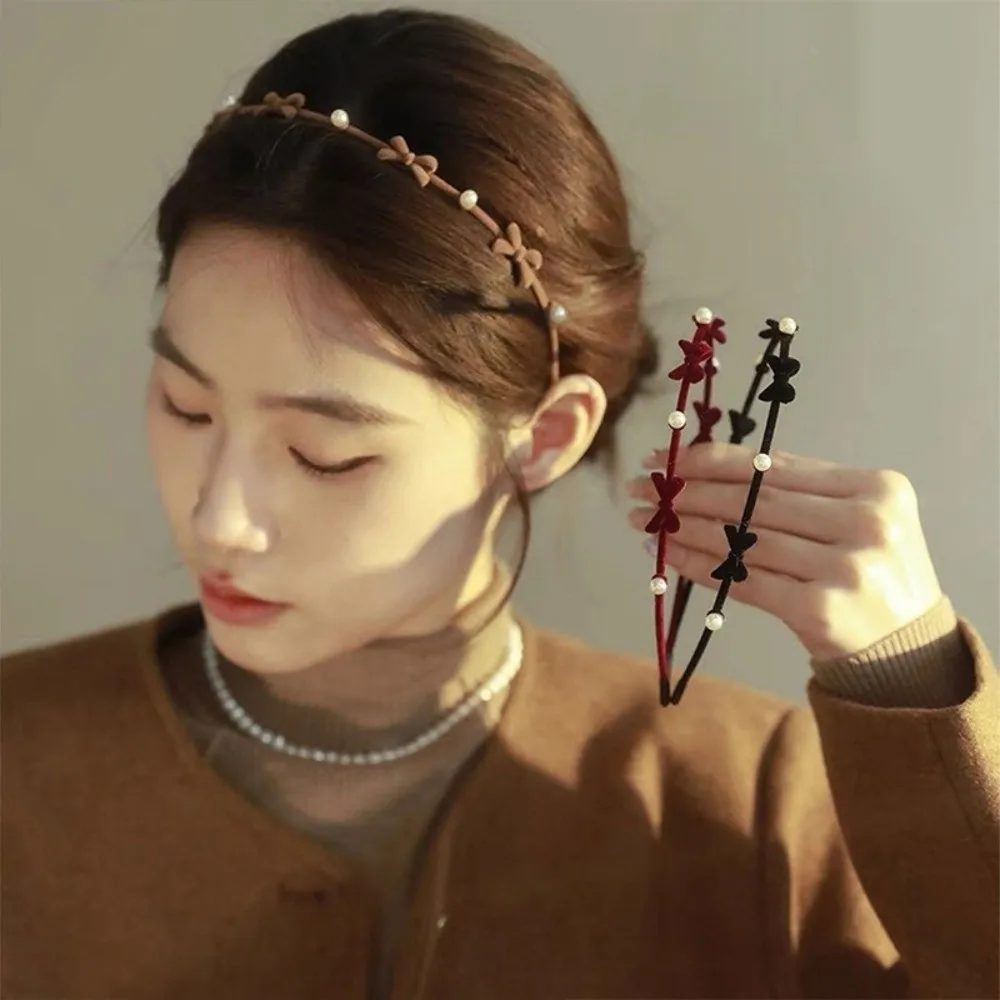 

Elegant Pearl Bow Hairband Plush Thin Flower Headband Fairy Korean Style Women Hair Hoop Headwear
