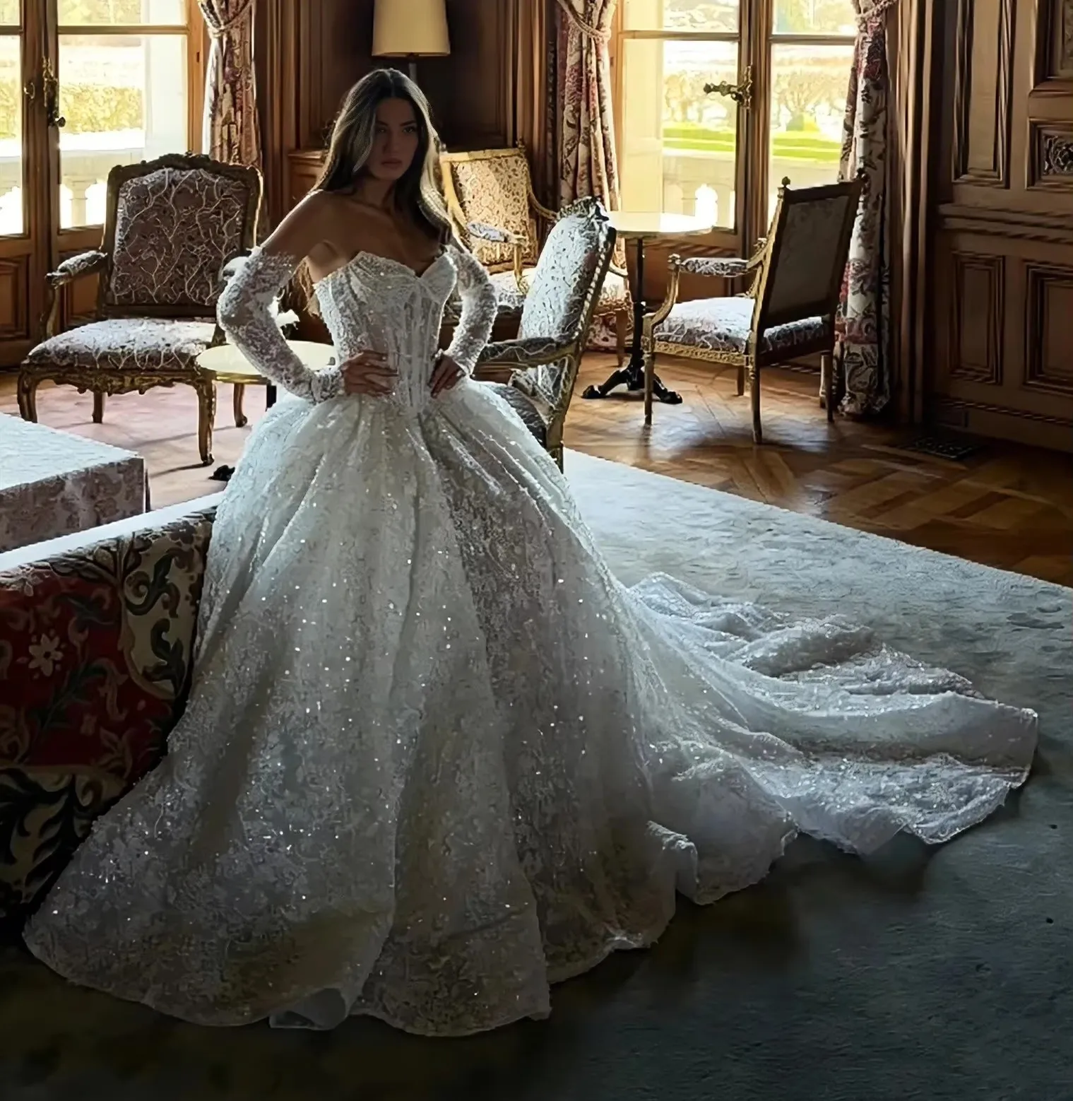 Sparkling Lace Beading Wedding Dress Strapless Off Shoulder Long Sleeve Princess Church Bridal Gown Bride Dresses Arabic Dubai