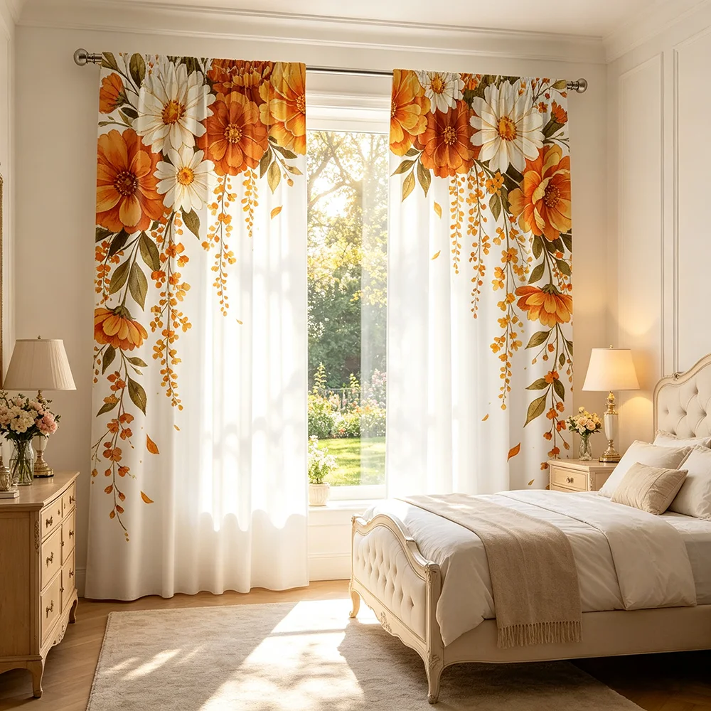2PCS Orange Chrysanthemum Curtains, Autumn Flower Print, Fall Seasonal Window Drapes for Living Room Bedroom Decor