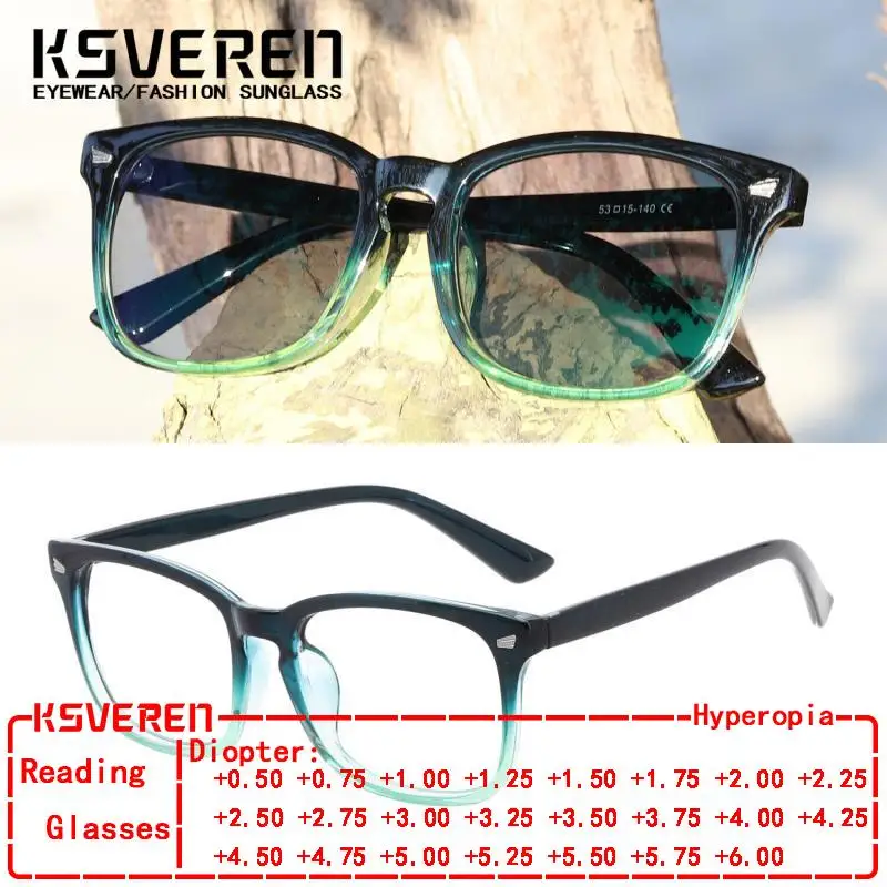 

KSVEREN Vintage Photochromic Reading Glasses For Men Women Square Frame Prescription Glasses Sunglass Readers +0.00 ~ +6.00