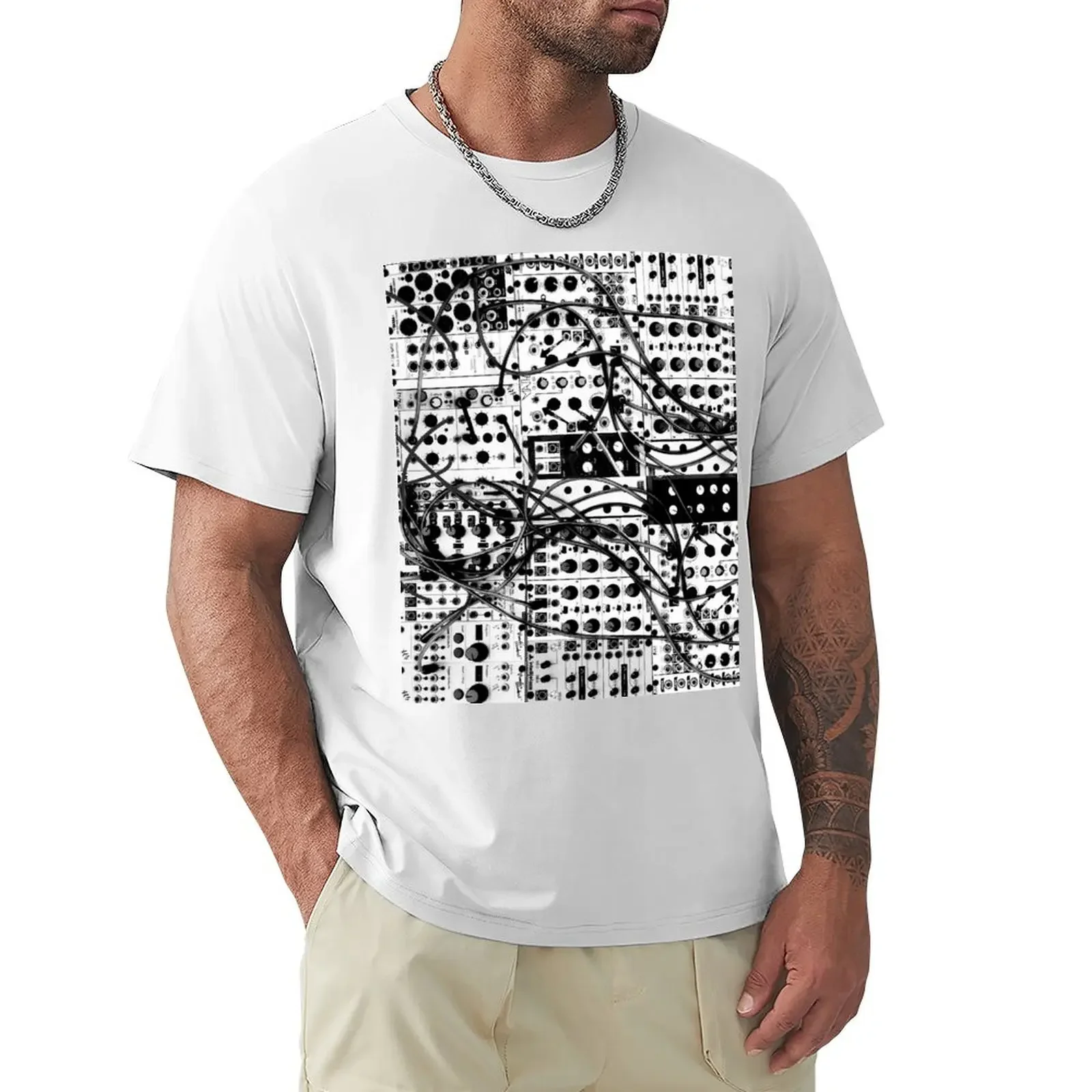 analog synthesizer modular system - black and white illustration T-shirt plus sizes summer tops mens white t shirts