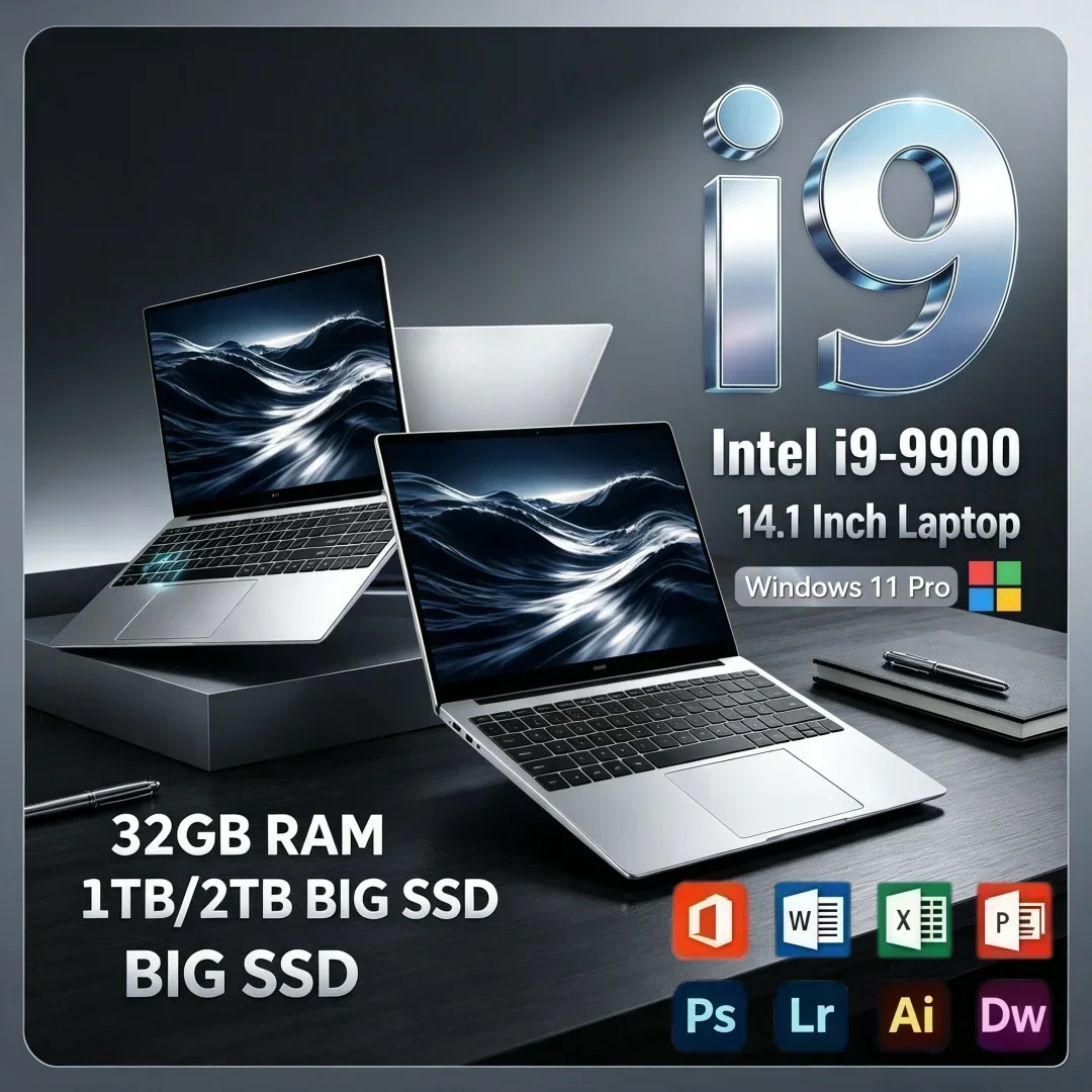 14.1 Inch Hot Sale Ultra Slim Laptop Intel i9-9900 16/32GB RAM 1TB/2TB Big SSD Portable Windows11 Office Study Notebook