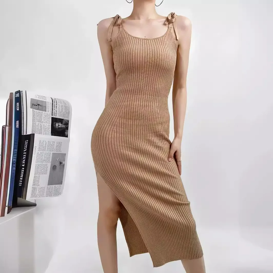 Pure Desire Hot Girl Wind Sling Knit Skirt Female Summer Shoulder Strap Tight Side Slit Long Skirt Dress