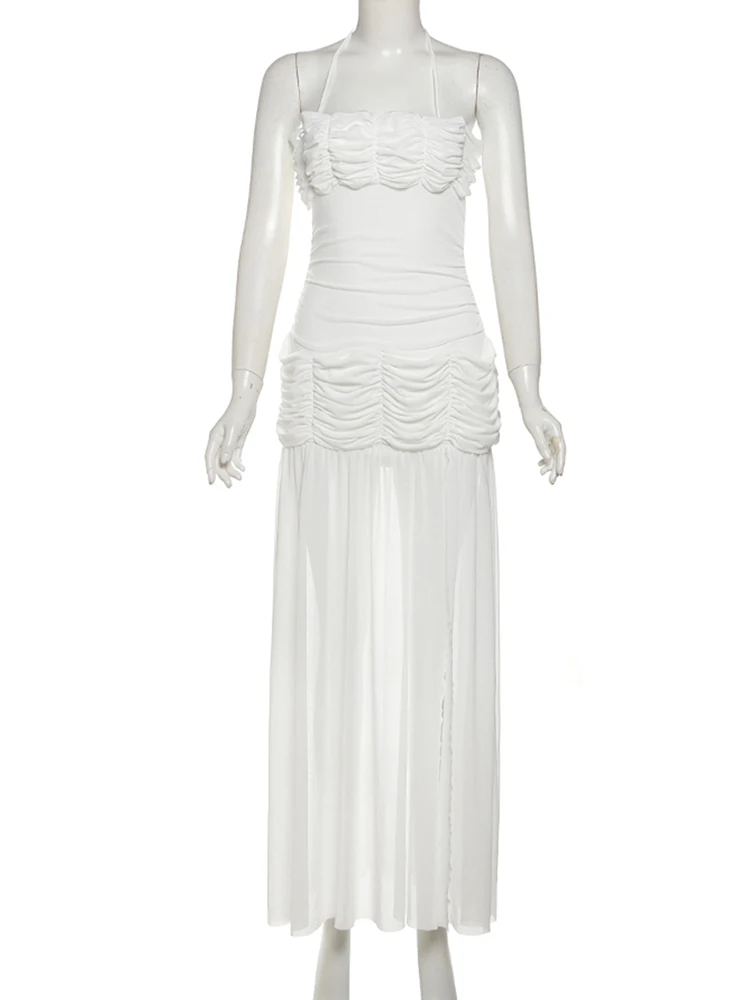 Whatiwear Off Shoulder Backless Sexy Dress Women Spaghetti Strap Low-Neck Mesh Patchwork Splits Hem Prom Party Elegant Vestidos