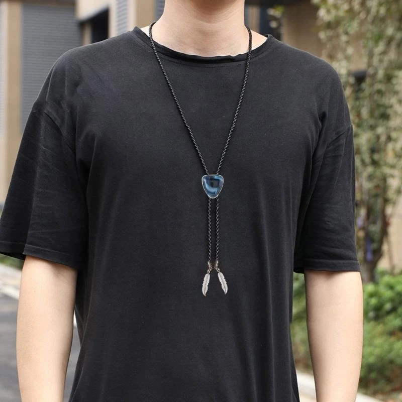 49MC Handmade Jewelry Bolo Tie Western Cowboy Leather Necktie with Vintage Triangular Stone Metal Pendant Necklace