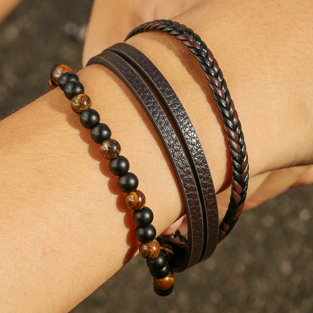 

NADEEM Fashion PU Leather Stone Layer Charm Bracelets for Men Bohemian Lava Handmade Weave Beaded Bracelets Jewelry Party Gifts