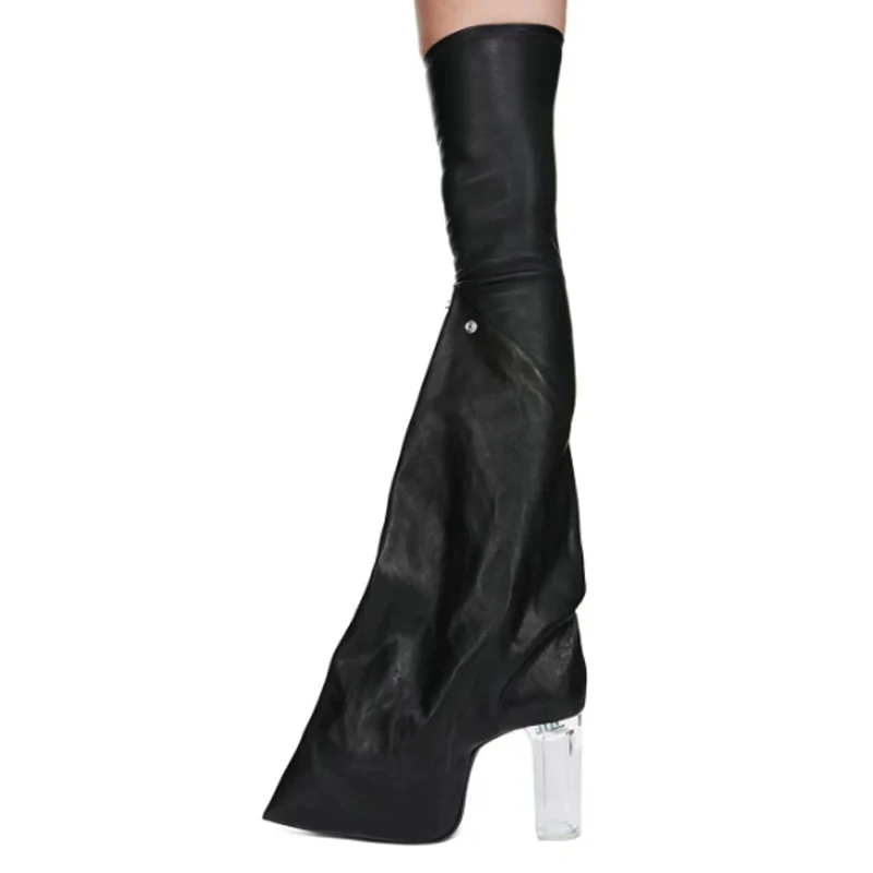 Black Clear Block Heel Over The Knee Boots Woman 2026 Pointed Toe Riveted Detachable Boots Two-Way High-Heeled Pants Boots