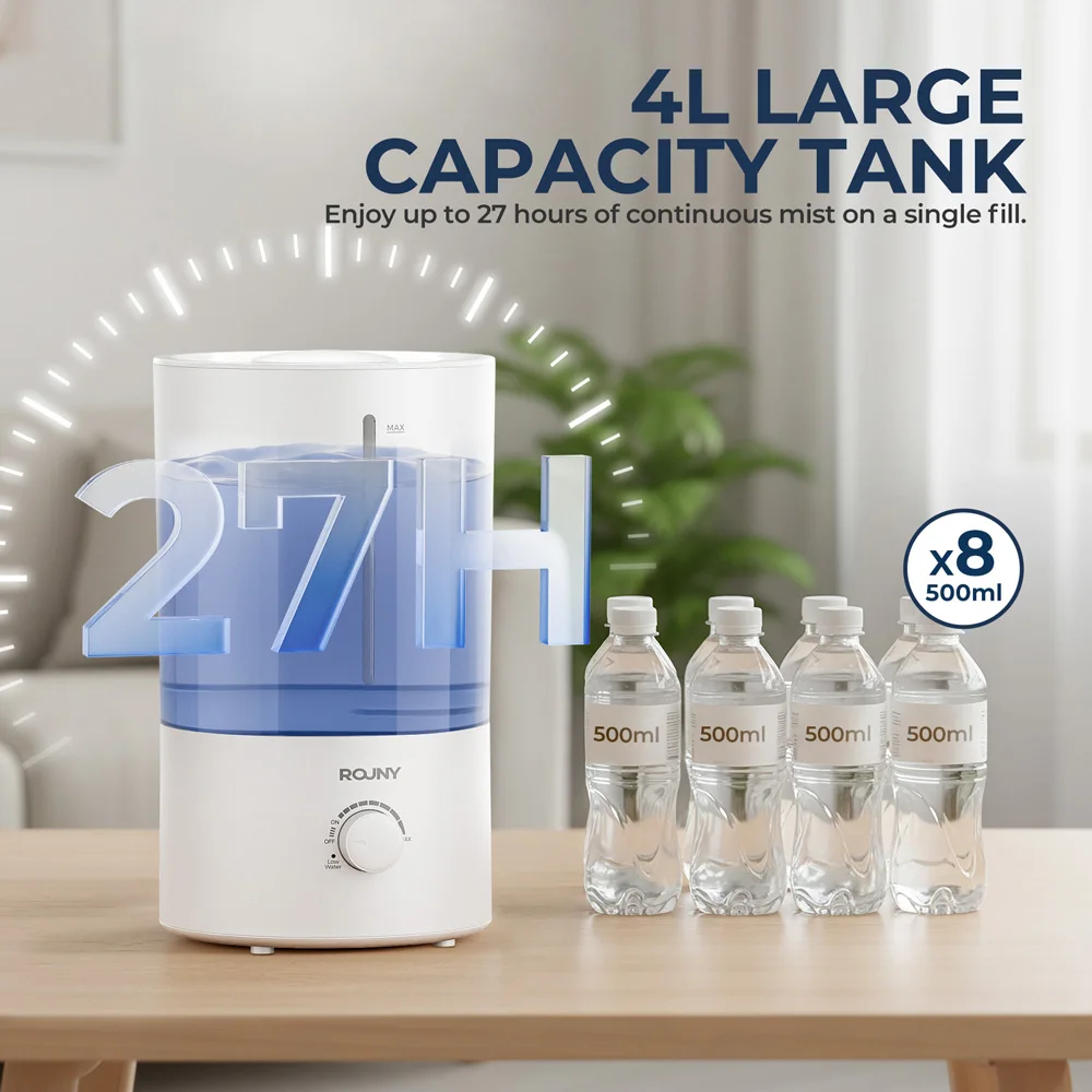 مرطب هواء ROUNY، مرطب بالموجات فوق الصوتية بسعة كبيرة 4 لتر مع حماية منخفضة للمياه، 360 درجة °   وهادئ وخالي من مادة BPA، أبيض