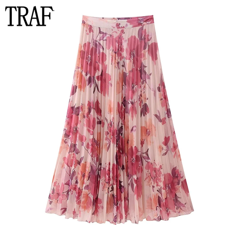 TRAF Floral Pleated Long Skirts for Women High Waist Midi Skirt Women Spring Ruched Woman Skirts Vintage Party Women\'s Skirts