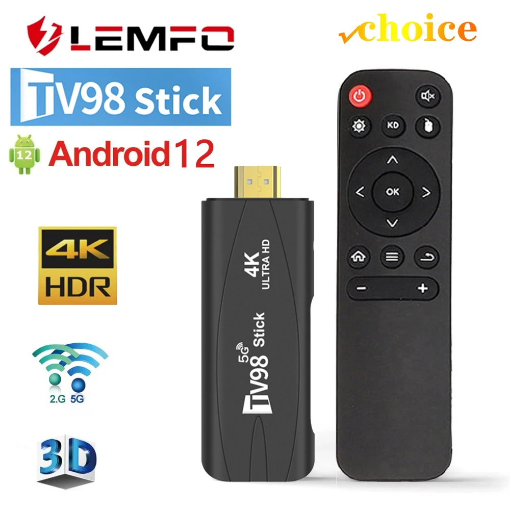 LEMFO TV98 Mini TV Stick Android 12 Support 8K Video 4K Wifi 6 3D TV Box 2.4G&5G Body Feeling Game Set TV Box 16GB 32GB