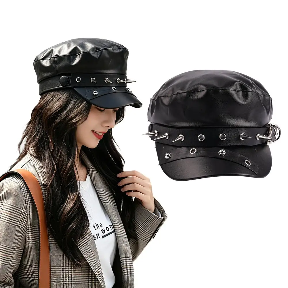 Goth Punk Beret With Metal Spike Harajuku Style Unisex Black BeretY2K Girl Women's Lolita Cap Lolita Black Leather Flat Top