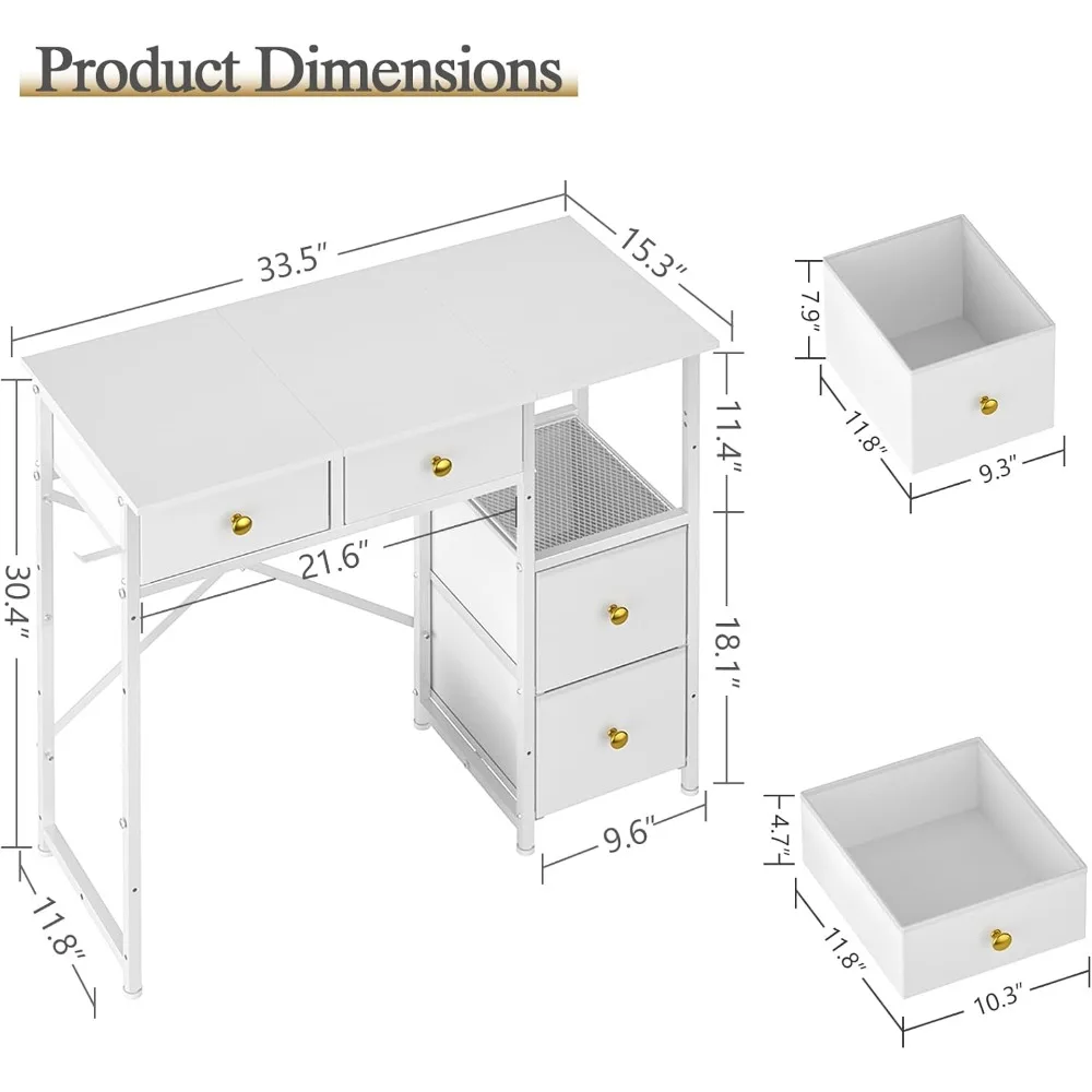 Compact Kids Study Desk with 4 Fabric Drawers for Small Spaces, Simple Writing Desk for Home Office Use