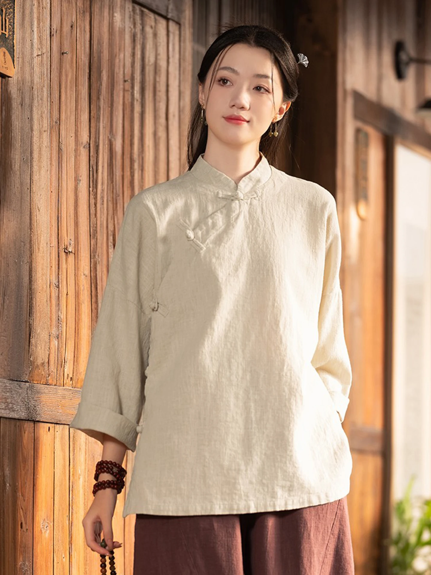 Retro Cotton Linen Women's Spring Autumn New Style Button up Shirt Stand Collar Side Button Chinese Traditional Loose Fit Top