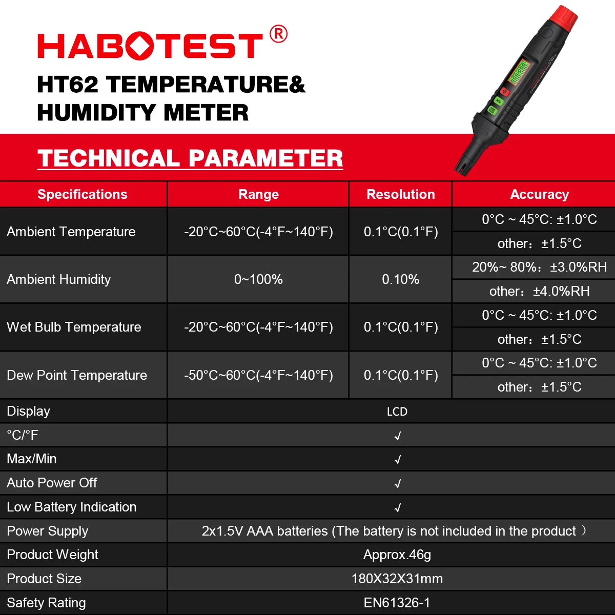 HABOTEST HT62 4-in-1 Digital Psychrometer Portable Thermo-Hygrometer Temperature and Humidity Meter Pen