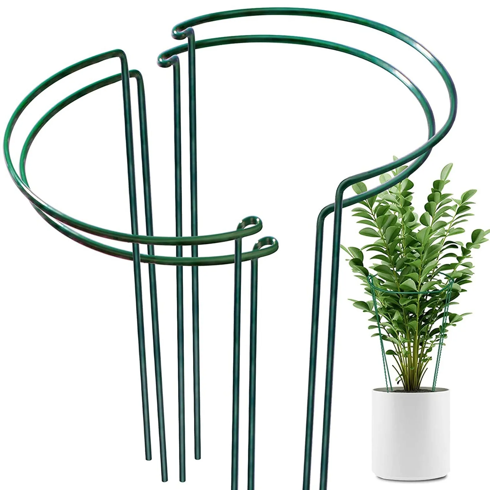 Estacas de soporte para plantas de 4 piezas, anillo de soporte para plantas de jardín, jaula de Metal, verde, medio redondo