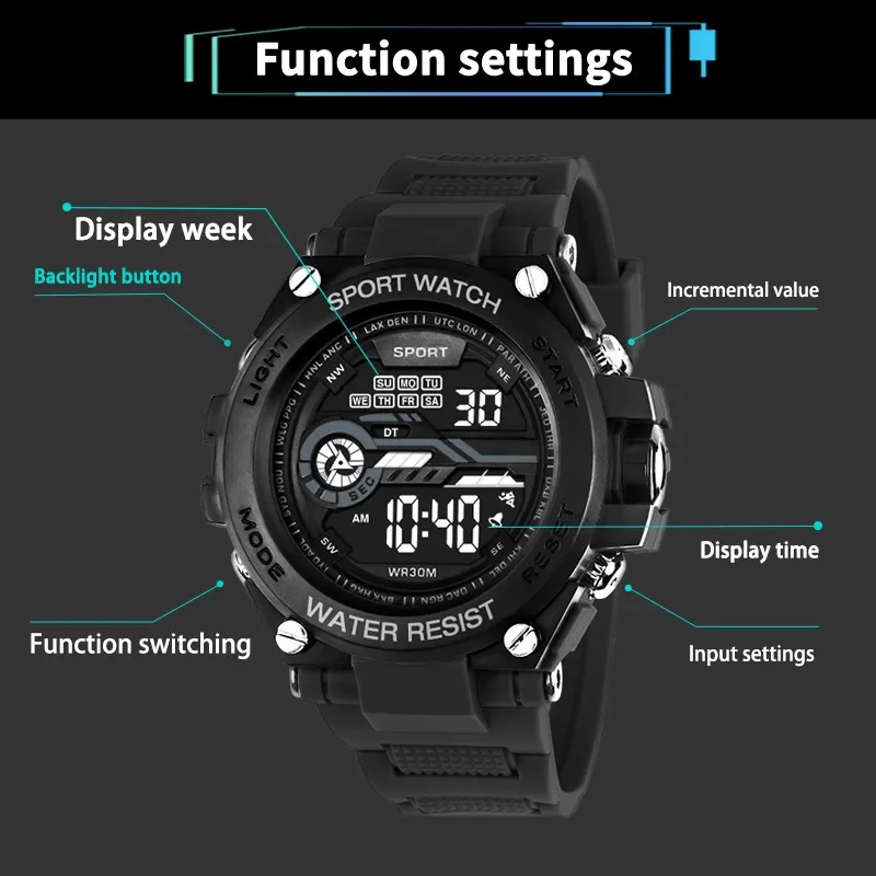 YIKAZE Men Digital Sports Watch Multifunction Men\'s Watch 51mm Large Dial Student Kids Military Clock Electronic Watches for Man