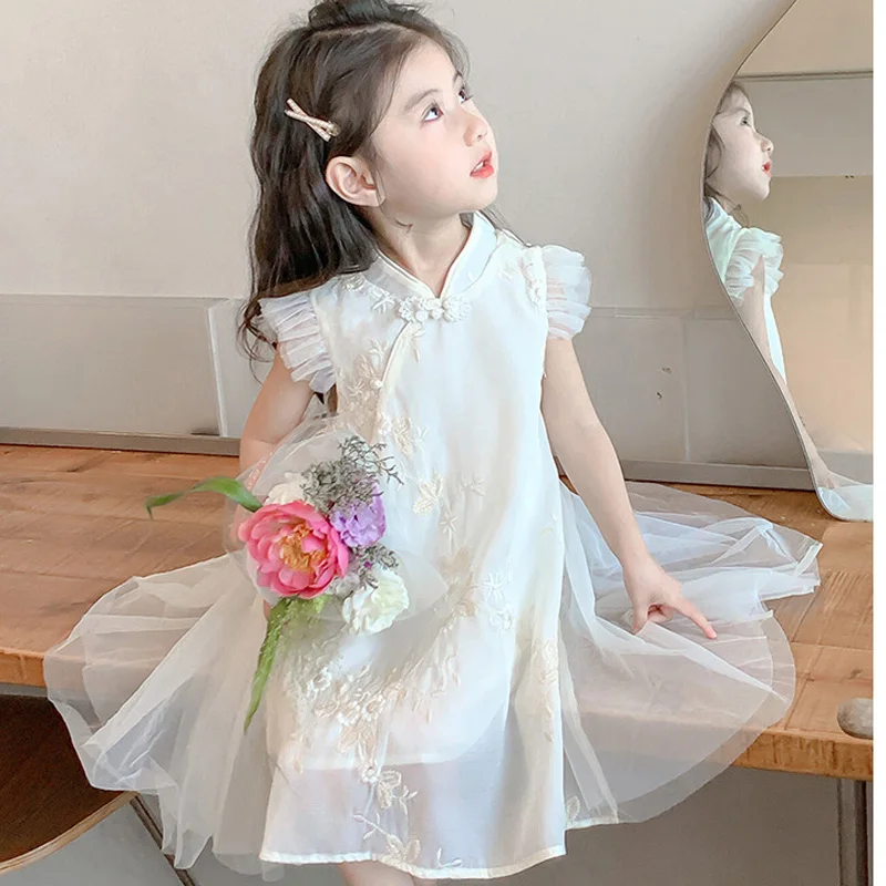 فستان أميرات للأطفال على الطراز الصيني بدون أكمام ، فستان صيفي للأطفال ، فستان شبكي جميل للفتيات ، جديد