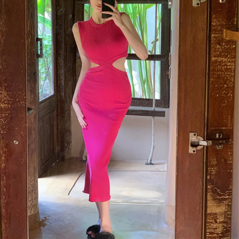 

Sexy Backless Slim Midi Dress Summer New Sleeveless Solid Color Hollow Out Y2K Elegant Dress Fashion Temperament Women Clothing