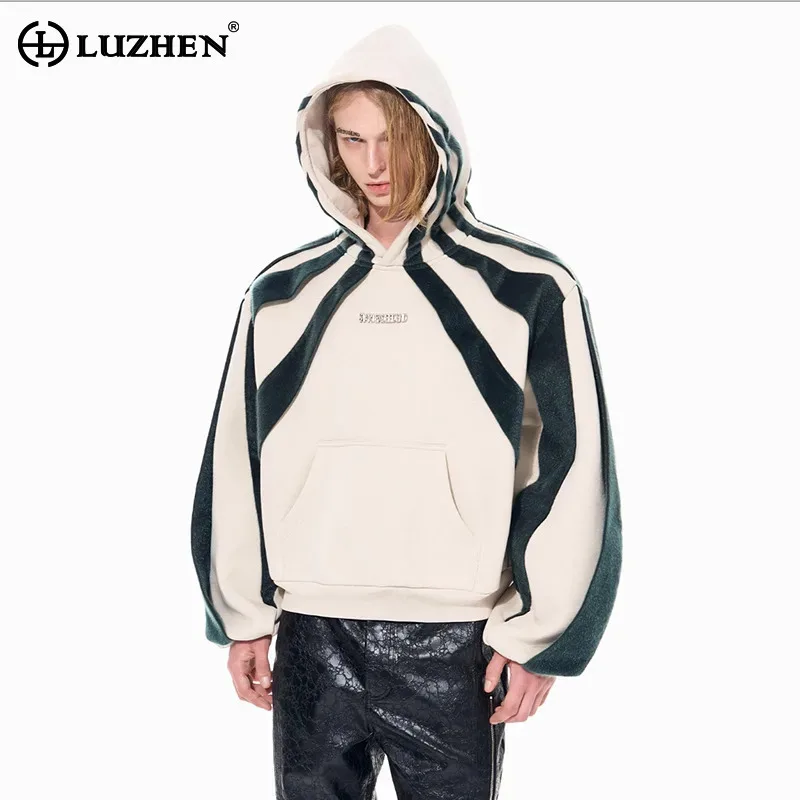 

LUZHEN Original Fashion High Quality Flannel Stripe Patchwork Design Hoodies Pullover Men's Handsome Loose Casual Clothes JY5625