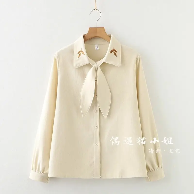 เสื้อเชิ้ตแขนยาวผ้าลูกฟูกแต่งโบว์หูกระต่าย ดีไซน์หวาน สไตล์นิช สำหรับผู้หญิง คอลเลคชั่นฤดูใบไม้ร่วง