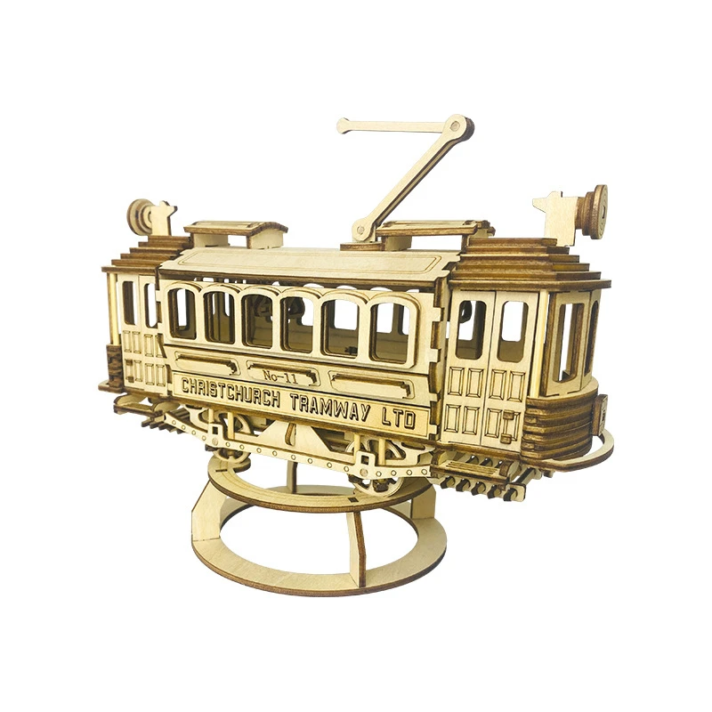 New 3D Wooden Puzzle Retro Tram Model Building Kits Christchurch Tramway Car Jigsaw Puzzles Educational Toys for Children Gifts