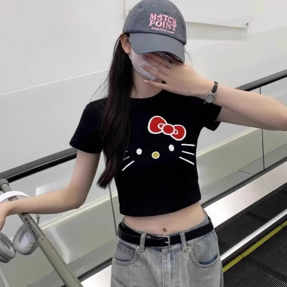 

Hot Girls Cotton Navel-Exposed Short T-Shirt for Women Sanrio Summer Girls Slim Fit Hello Kitty Pure Desire Short Sleeve Tops