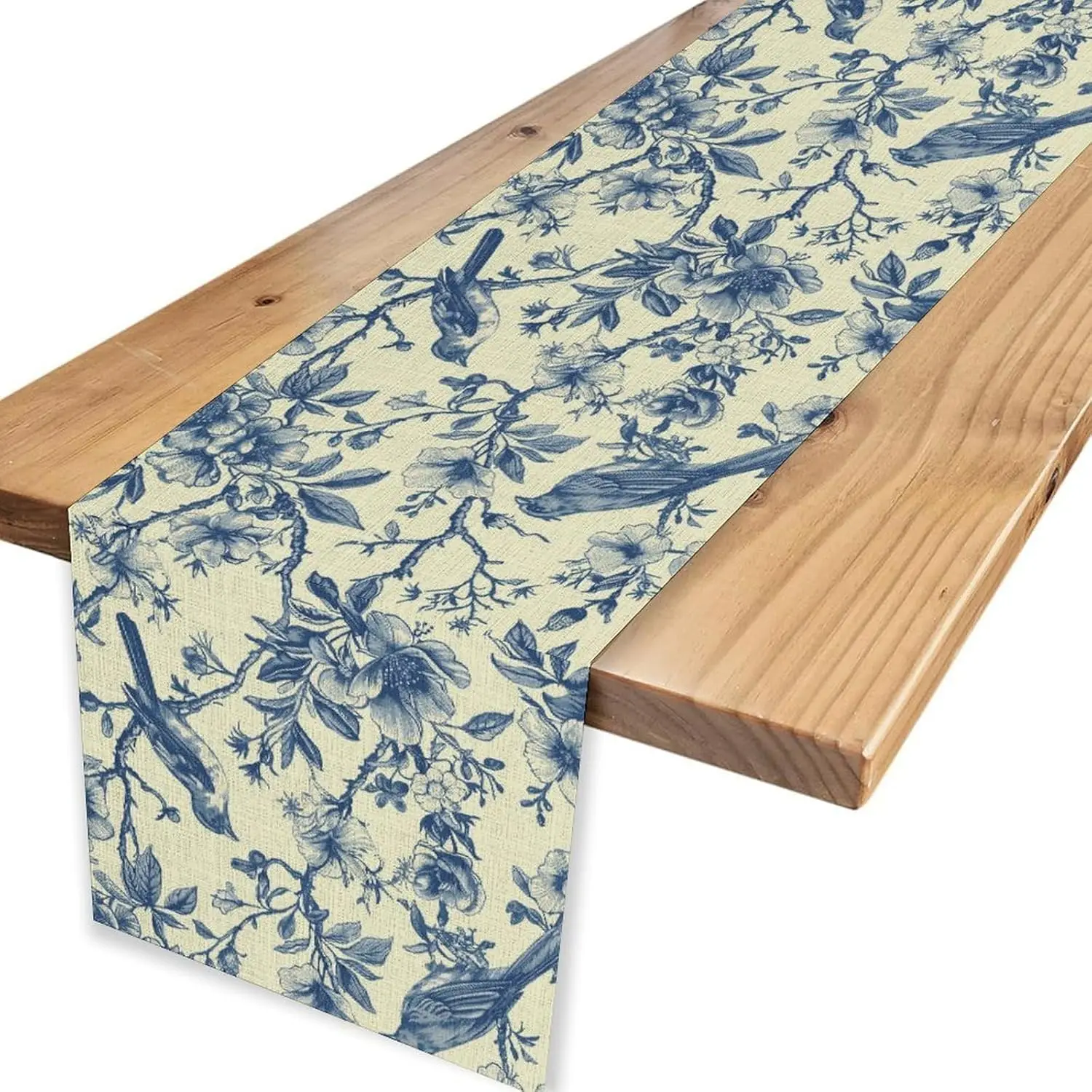 Blue Floral Birds Branches Linen Table Runner Dresser Scarf Decor Farmhouse Kitchen Dining Table Runner Holiday Party Decoration