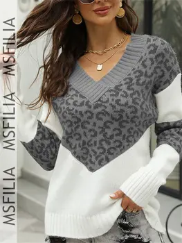 Msfilia Women's Fall/Winter V-Neck Colorblock Leopard Print Sweater, Loose Slouchy Knit Top Versatile Pullover