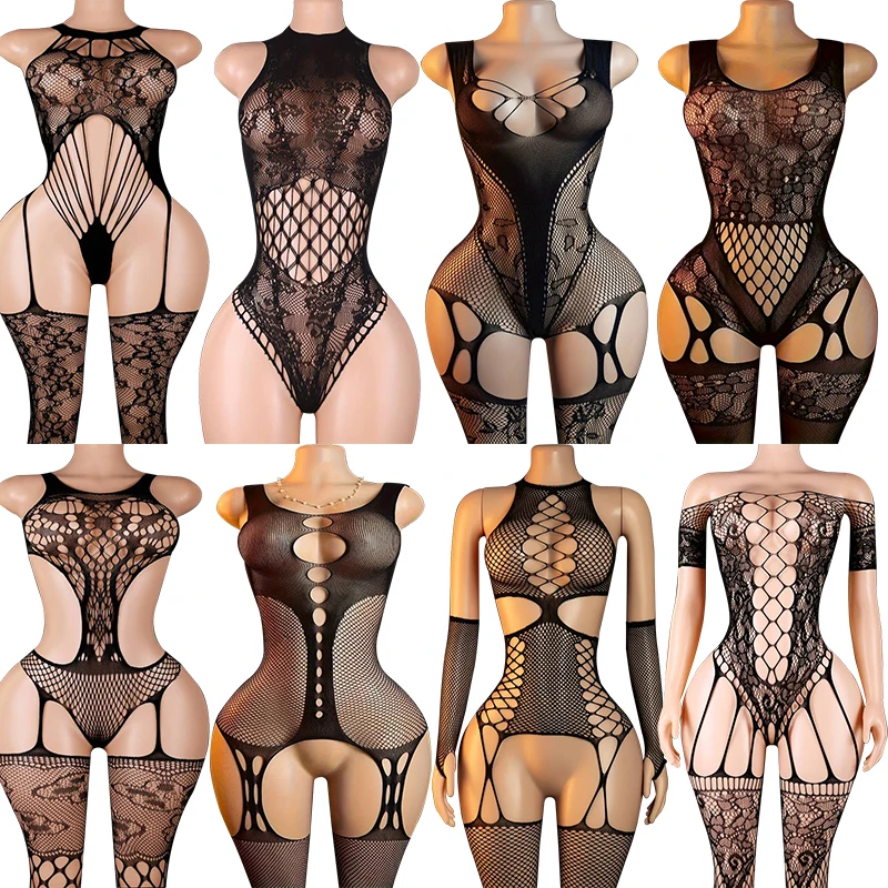 Sexy Suspender Teddy Lingerie Set, Diamond Window Fishnet Bodysuit with Thumb Loop Arm Warmers Sheer Exotic Underwear Nightwear