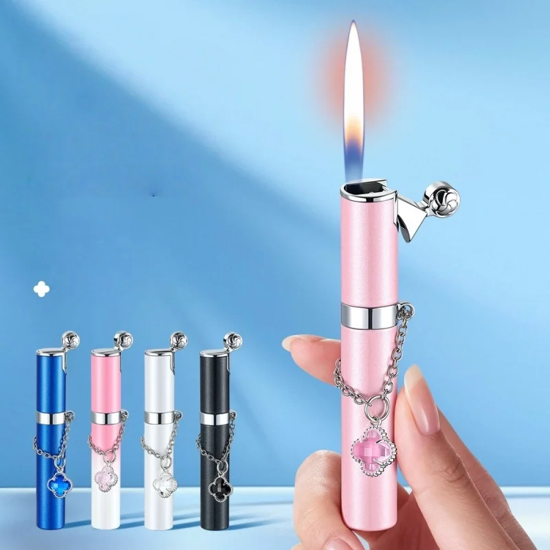 

Pink Slim Torch Lighter with Clover Charm, Refillable Butane Gas Lighter, Cute Windproof Lighter for Women Smoking Accessories