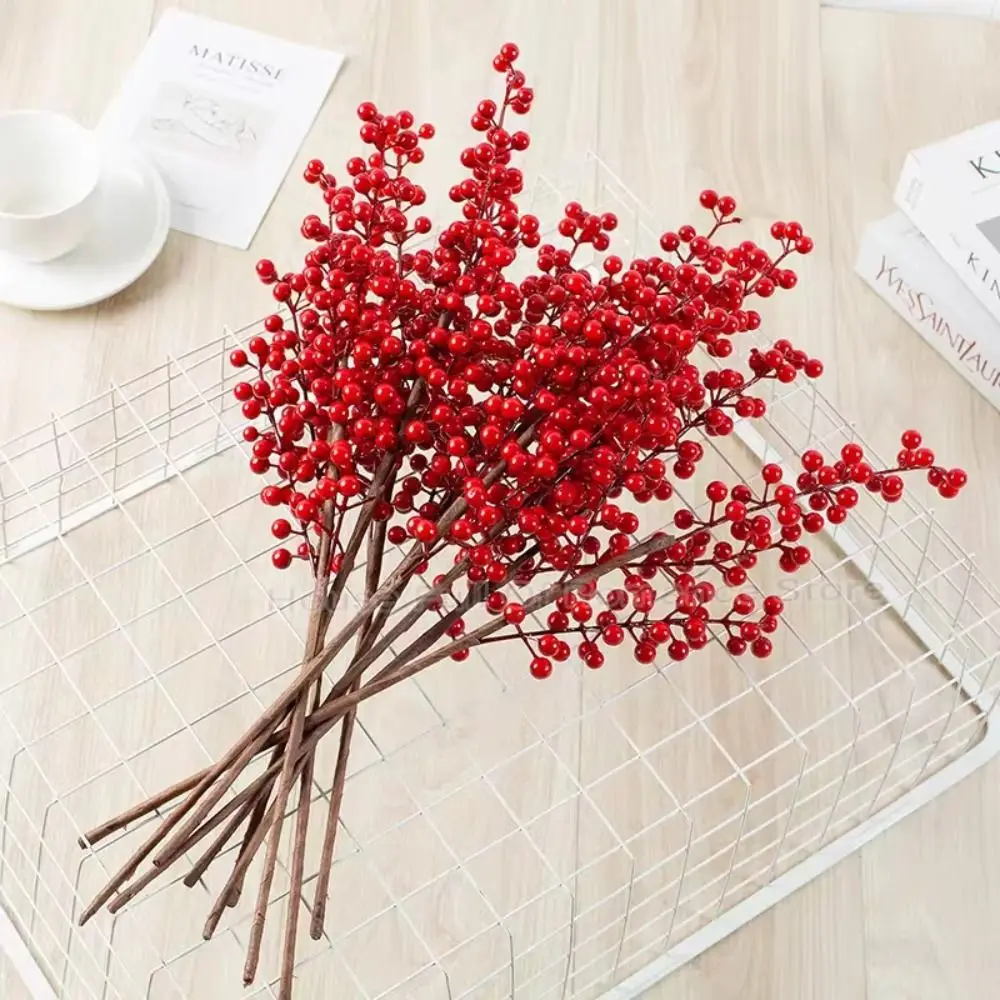 

DIY Red Berry Branche Realistic Reusable Artificial Holly Berries Snow Frosted Wreath Decor Fake Plant Christmas Tree Decor
