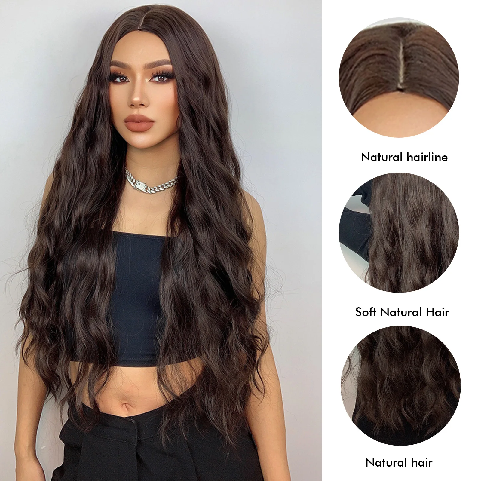 شعر مستعار مجعد اصطناعي طويل للفتيات والسيدات ، شعر متموج بالماء ، شعر متوسط بني ، استخدام يومي ، تأثيري للحفلات ، مقاوم للحرارة الطبيعية