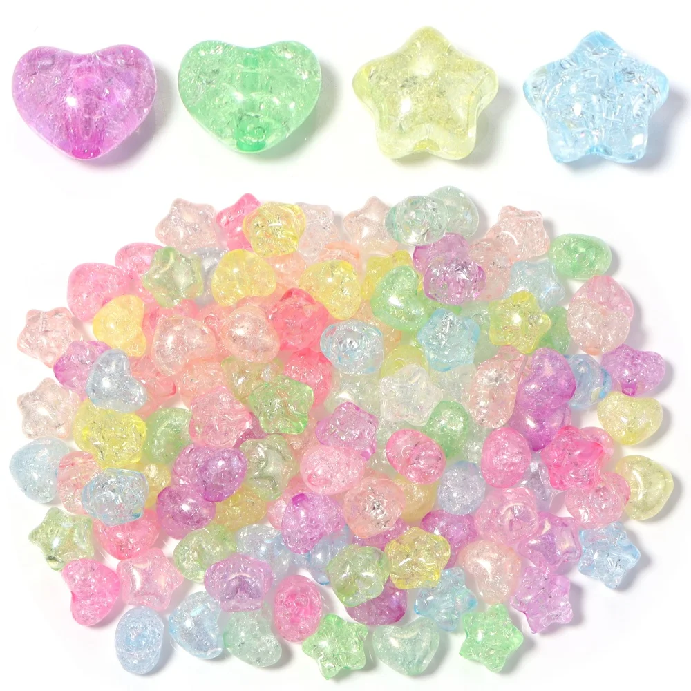 50pcs/lot Colorful Cracked Acrylic Beads Star Heart Shape Loose Spacer Beads For DIY Handmade Bracelet Headwear Decor Wholesale