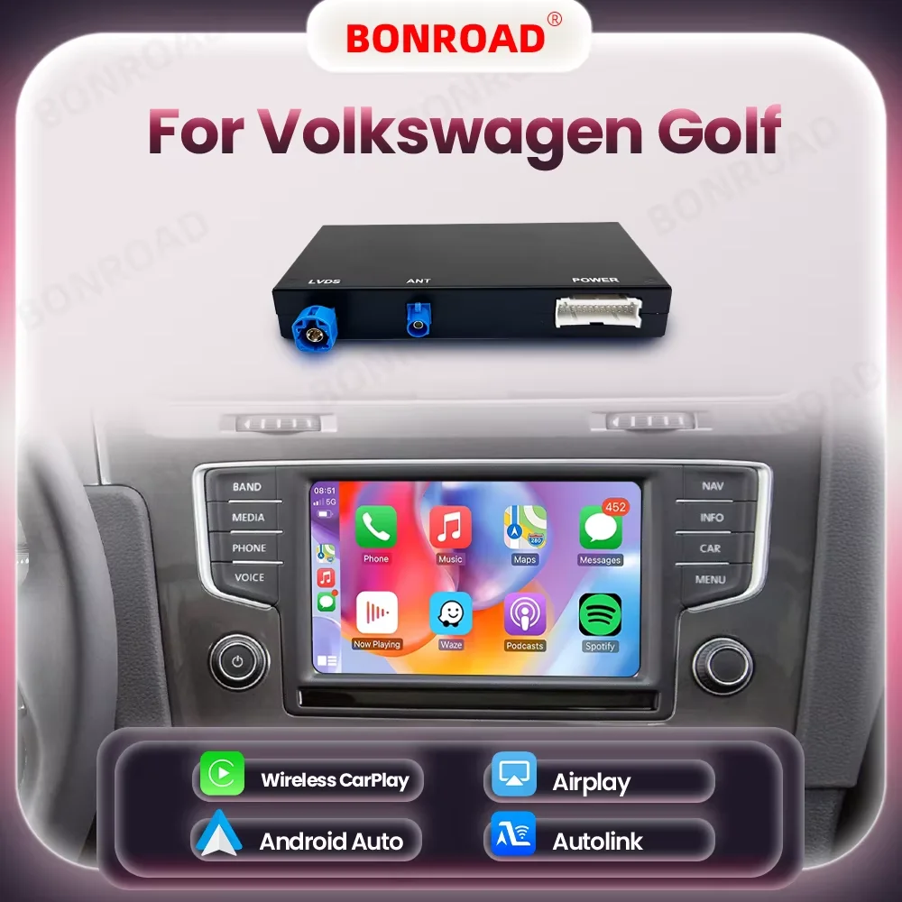 BONROAD Wireless CarPlay Android Auto Interface Adapter For Volkswagen Golf GTI Mk7 Passat B8 Tiguan Teramont Polo Skoda Octavia MIB1 MIB2 Infotainment System Bluetooth Mirror Link Navigation OEM Screen Upgrade Module Plug And Play