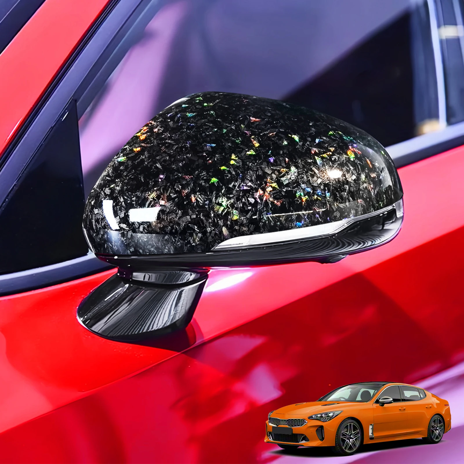 

Rainbow Glossy Laser Forged Rear View Mirror Cover Door Side Wing Caps Shell Trim For Kia Stinger 2018-2024 Exterior Replace