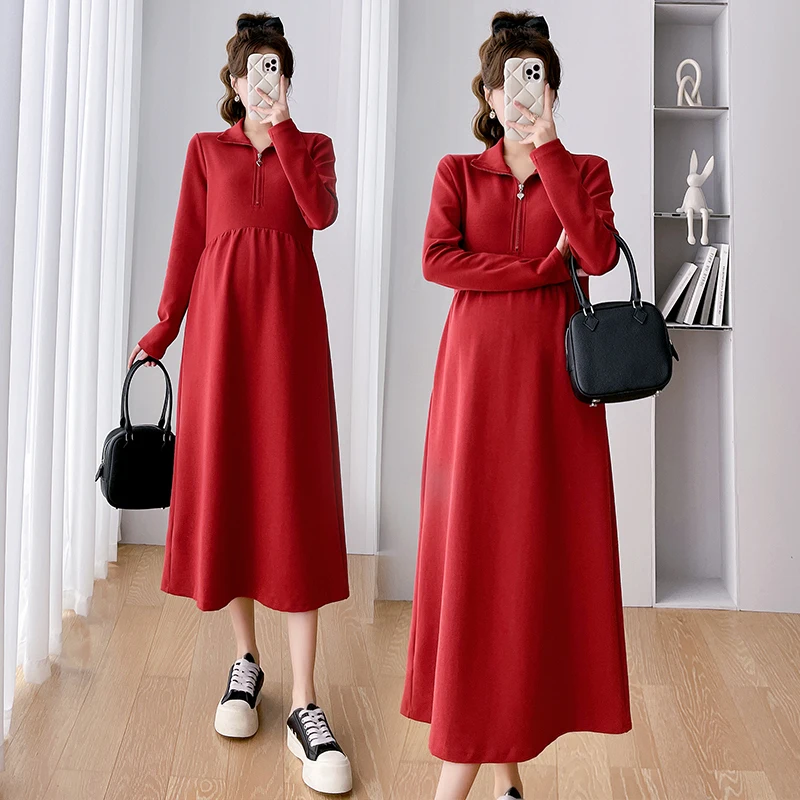 8155# 2023 Autumn Vintage Maternity Long Dresses Elegant A Line Slim Clothes for Pregnant Women Casual Pregnancy Clothing