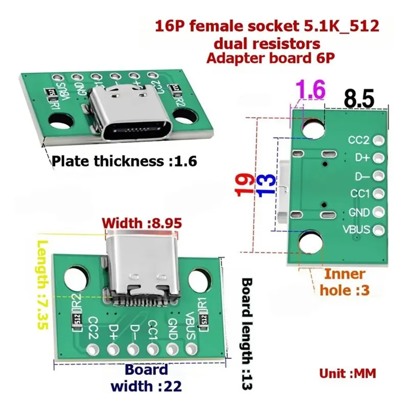 B76B For Power/Data Testing Type-C USB Adapter Board 10PCS TYPE-C Dual Resistor 512 5.1K Ohm for Prototyping DIY Projects