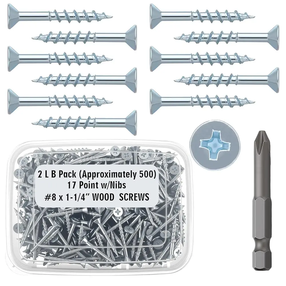 

# 8 шт. саморезов для ДСП с плоской головкой 1-1/4 дюйма, тип 17, с 1 насадкой для шуруповерта, 2 фунта, оцинкованные стальные шурупы по дереву для каркаса, 2 фунта