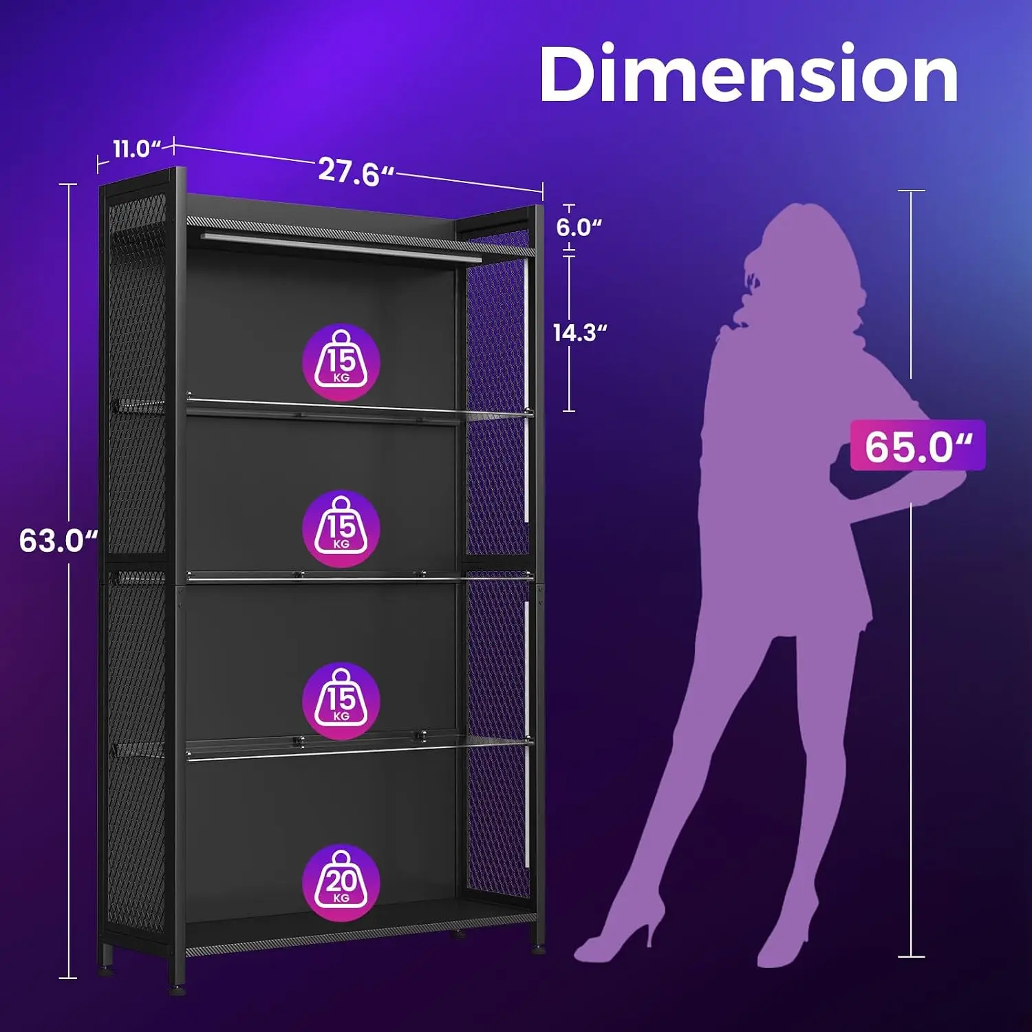 Display Case with LED Lights, Display Cabinet with Glass Storage Shelves and Industrial Metal Mesh, 4-Tier Display Shelf for Col