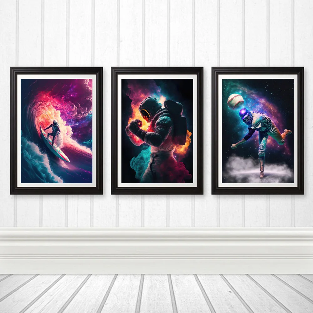 Funny Astronaut Surfer On Universe Art Posters Colorful Mist Canvas Prints Space Sports Wall Decor Painting For Living Room